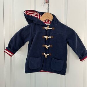 Baby Boden fleece hooded toggle coat size 2-3 years navy blue, red stripe lining